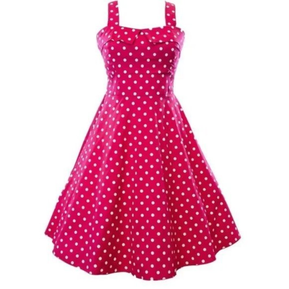 Vintage 1950s Polka Dots Empire Fold‎ Over Women's Juniors Swing Dress in Pink